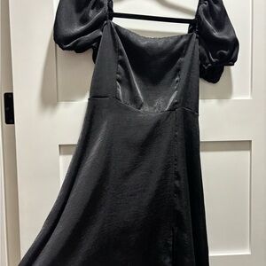 Elegant Black Puff Sleeve satin Dress